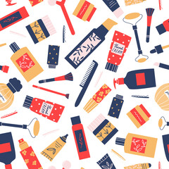 Colorful seamless pattern with woman cosmetics. Different beauty and wellness products. Vector flat background with care accessories