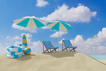3d illustration beach of tropical island sun loungers under beautiful beach umbrellas travel concept rest and holidays