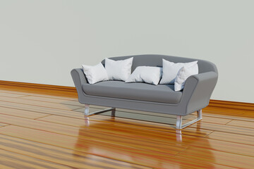 Gray sofa with white pillows Modern style sofa in the living room, wooden floor. render 3D illustrations
