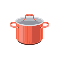 Red cooking pot. Cartoon saucepan, subject of to cooking. Vector Illustration.