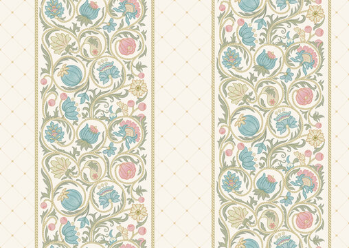Fantasy flowers in retro, vintage, embroidery style. Seamless pattern, background. Colored vector illustration.