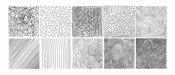 A set of square abstract backgrounds or patterns. Hand-drawn doodles. Blots, zigzags, smooth curves, lines. Modern whimsical vector illustrations. Posters, badge templates for social networks.