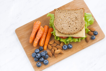 sandwich with of wholemeal bread on the school lunch, top view