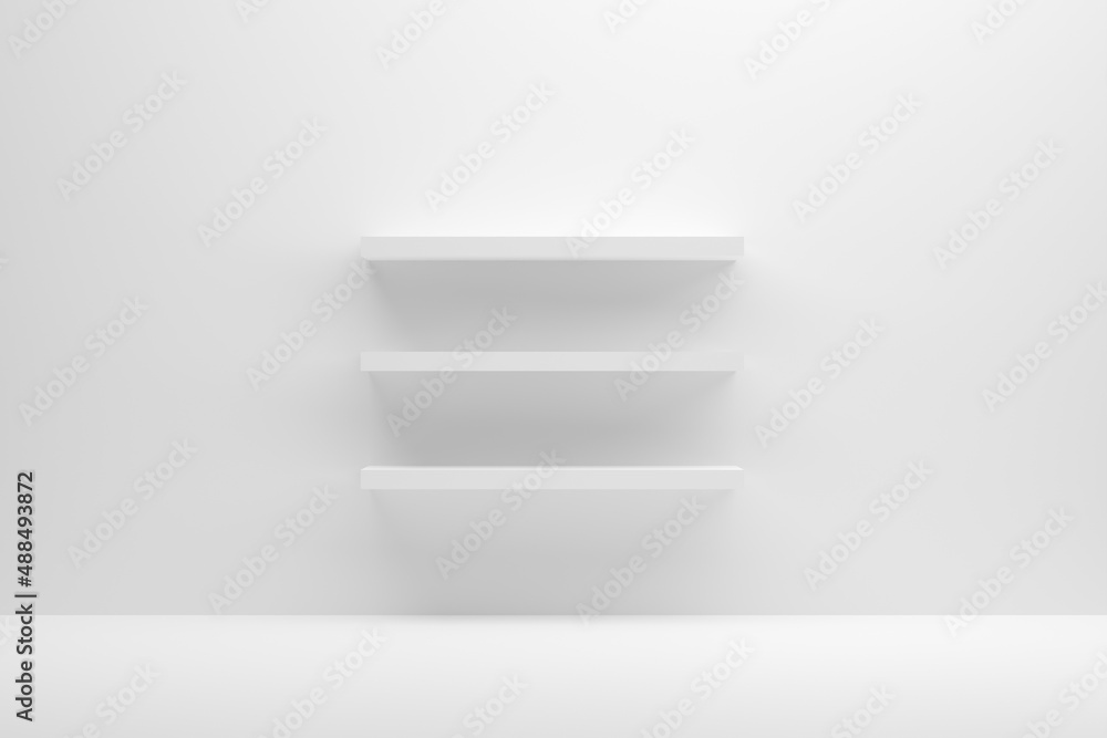 Aufkleber front view of empty white shelves mounted on a white wall. backdrop shelf for product display.
