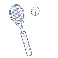Tennis racket and ball. Badminton or table tennis racket. Sports equipment line art. Vector hand draw doodle illustration isolated on the white background.