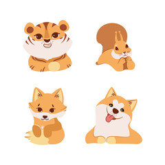 Obraz na płótnie Canvas The collection of kids cartoon tiger, dog, fox, a squirrel for logo designs, stickers