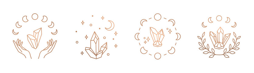 Mystical moon crystal, line art vector logo. Magic crystal clipart