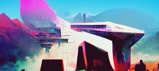 Retro future urban concept in architectural style brutalism. Futuristic cityscape. Cyberpunk wallpaper. 3D illustration.