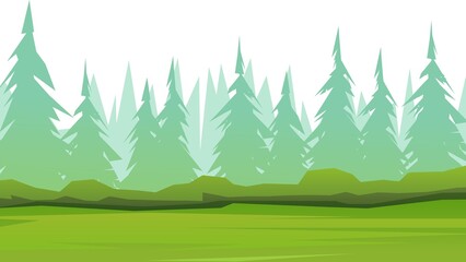 Forest in the fog. Beautiful coniferous trees. Summer rural landscape. Illustration in cartoon style flat design Isolated on white background. Vector