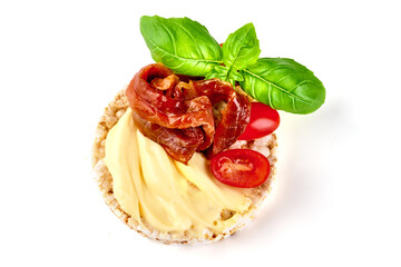 Rice cakes with cream cheese, isolated on white background.