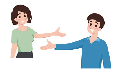 Obraz premium Young men and women spread their hands to the side to invite customers to see the product or the advertising message. Character product showing concept isolated on white background.