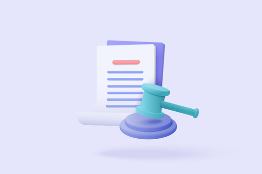 3D judge hammer minimal gavel concept of law icon on paper clipboard background. Professional lawyer, punishment, judgement, law advisor, advocate. Judge arbitrate courthouse concept 3d vector render