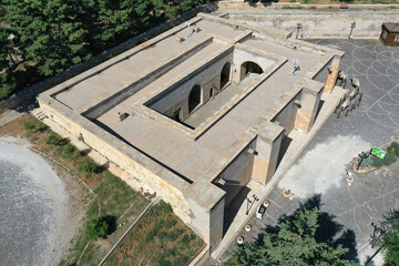 The Eshabi Kehf Caravanserai was built in the 13th century during the Anatolian Seljuk period. A photograph of the caravanserai taken with a drone. Kahramanmaras, Turkey.