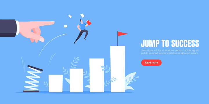 Business mentor helps to improve career with springboard vector illustration. Business person jumps above career ladder graph. Success growth, motivation opportunity, boost career concept.