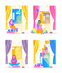 Reading people flat character set with books magazines literature isolated vector illustration. Young male and female readers dressed in trendy clothes relaxing at home with books or textbooks