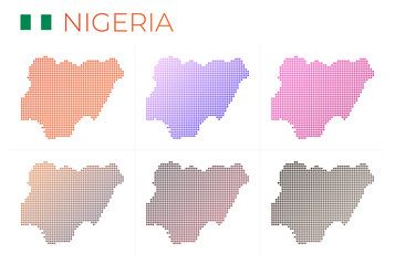 Fototapeta na wymiar Nigeria dotted map set. Map of Nigeria in dotted style. Borders of the country filled with beautiful smooth gradient circles. Attractive vector illustration.