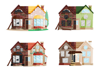 Home renovation, house before and after repair. New and old suburban cottage. Remodel construction. Old run-down house remodeled into cute traditional suburban cottage. Building maintenance service