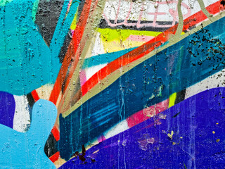 Closeup of colorful messy painted urban wall texture. Modern pattern for wallpaper design. Creative urban city background. Abstract open composition.