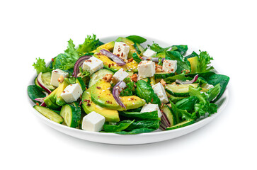 A portion of avocado salad with feta, cucumber, seeds and nuts on white.