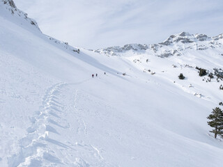 Fototapeta na wymiar professional team doing winter trekking in magnificent enchanting mountains