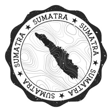 Sumatra outdoor stamp. Round sticker with map of island with topographic isolines. Vector illustration. Can be used as insignia, logotype, label, sticker or badge of the Sumatra.