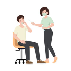 A doctor or nurse is about to do a nose swab test for a patient who comes to the hospital to check for a coronavirus infection. Cartoon character health concept isolated on white background.