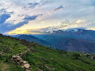 Panoramic view of the mountains from the ancient village of Goor. Russia, Dagestan 2021