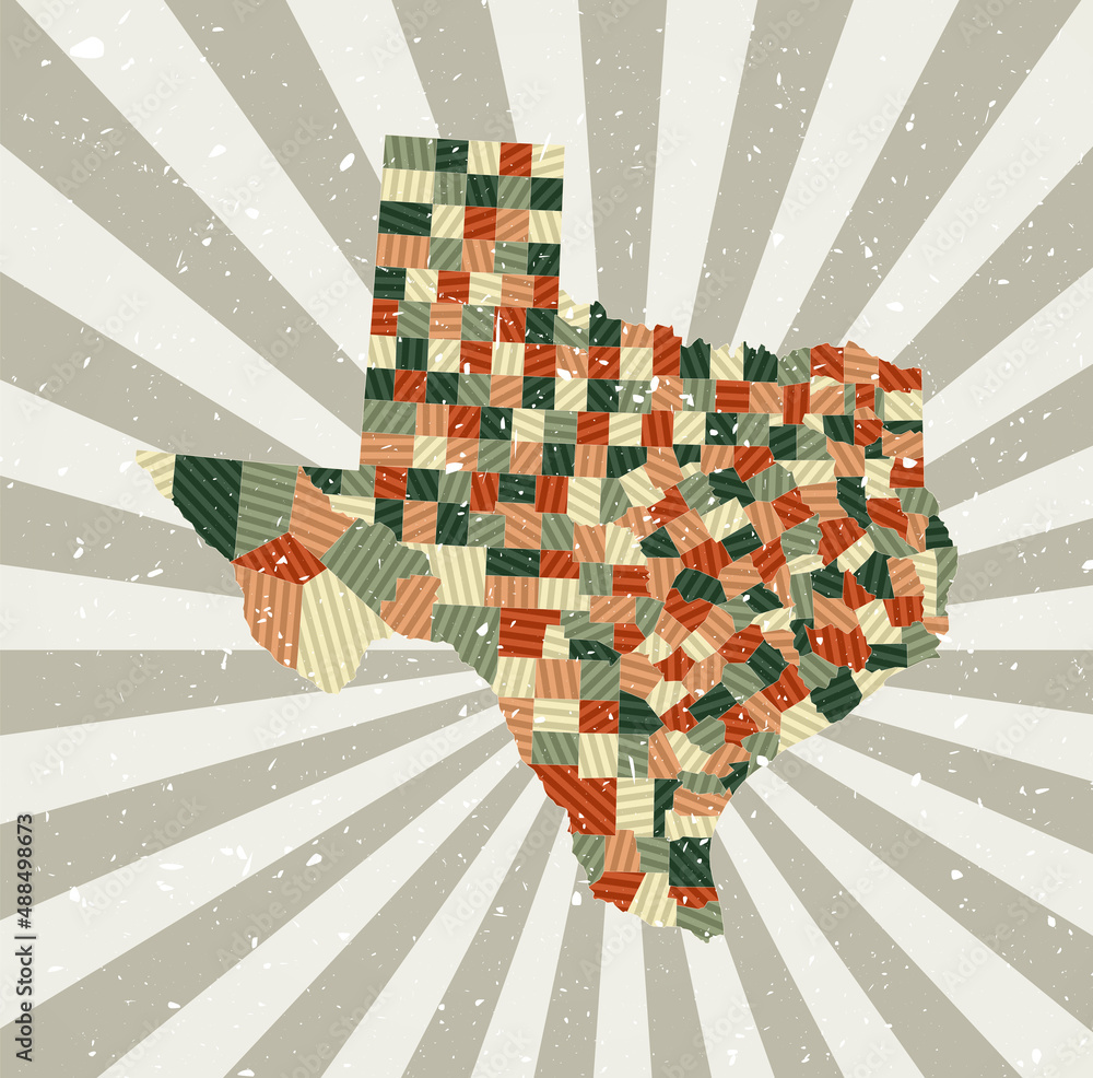 Poster texas vintage map. grunge poster with a map of the us state in a retro color palette. the shape of t
