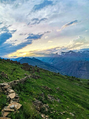 Panoramic view of the mountains from the ancient village of Goor. Russia, Dagestan 2021