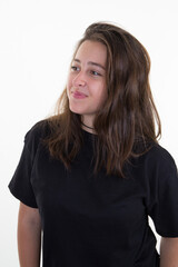 young woman brunette long hair looking left side right on white background