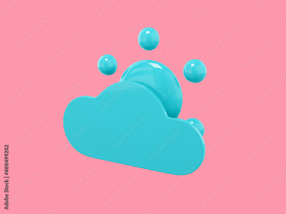 Poster blue mono color cartoon sun behind cloud half view on pink solid background. minimalistic design obj