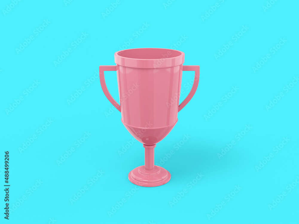 Poster pink one color winner cup on blue flat background. minimalistic design object. 3d rendering icon ui 