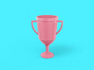 Pink one color winner cup on blue flat background. Minimalistic design object. 3d rendering icon ui ux interface element.