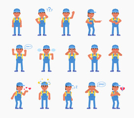 Set of auto mechanic, worker or courier characters showing emotions. Modern vector illustration
