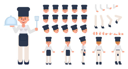 Woman chef cook creation kit. Create your own pose, action, animation. Modern vector illustration