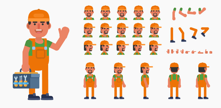 Creation kit of auto mechanic, repairman or builder. Modern vector illustration. Create your own pose, action, animation