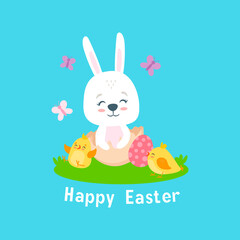 cute cartoon easter bunny with easter egg and chickens