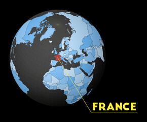 France highlighted on a dark globe with a blue world map. A satellite view centered on France with the country name displayed. Vector illustration.