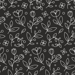 Floral cute vector beautiful line art seamless pattern with flowers, tulips, leaves, berries, branches. 8 march and valentine day pattern