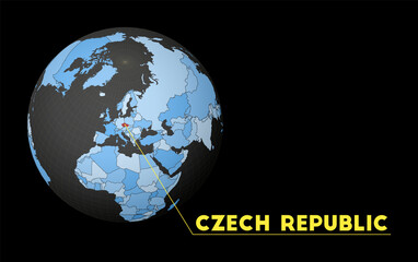 Czech Republic highlighted on a dark globe with a blue world map. Satellite view centered on the Czech Republic with the country name. Vector illustration.