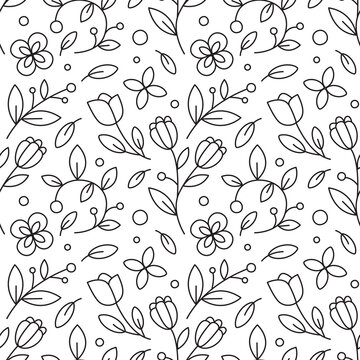 Floral cute vector beautiful line art seamless pattern with flowers, tulips, leaves, berries, branches. 8 march and valentine day pattern