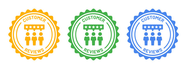 Customer review icon on round badge. 5 stars positive review icon set.