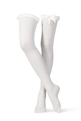 Detailed shot of white stockings. The sexy clothes have bows, lace and frills. The stockings are isolated on the white background.