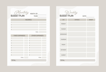 Monthly and weekly budget planner. Two sheets in beige tones on a light plain background. Vector illustration.