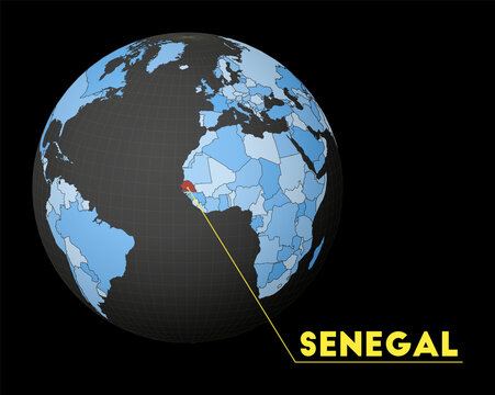 Senegal on dark globe with blue world map. Red country highlighted. Satellite world view centered to Senegal with country name. Vector Illustration.