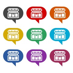 Antique treasure chest icon or logo, color set