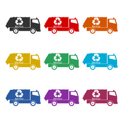 Recycling truck icon or logo, color set