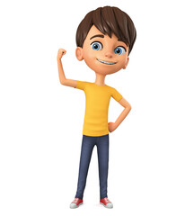 Cheerful boy character in yellow t-shirt celebrating the achievement of the goal. 3d render illustration.