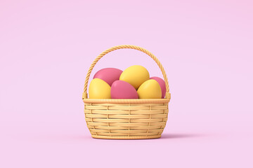Basket with Easter eggs on a pink background. 3d render illustration.
