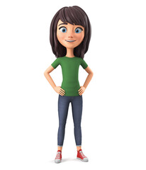 Cheerful girl character in a green T-shirt on a white background. 3d render illustration.